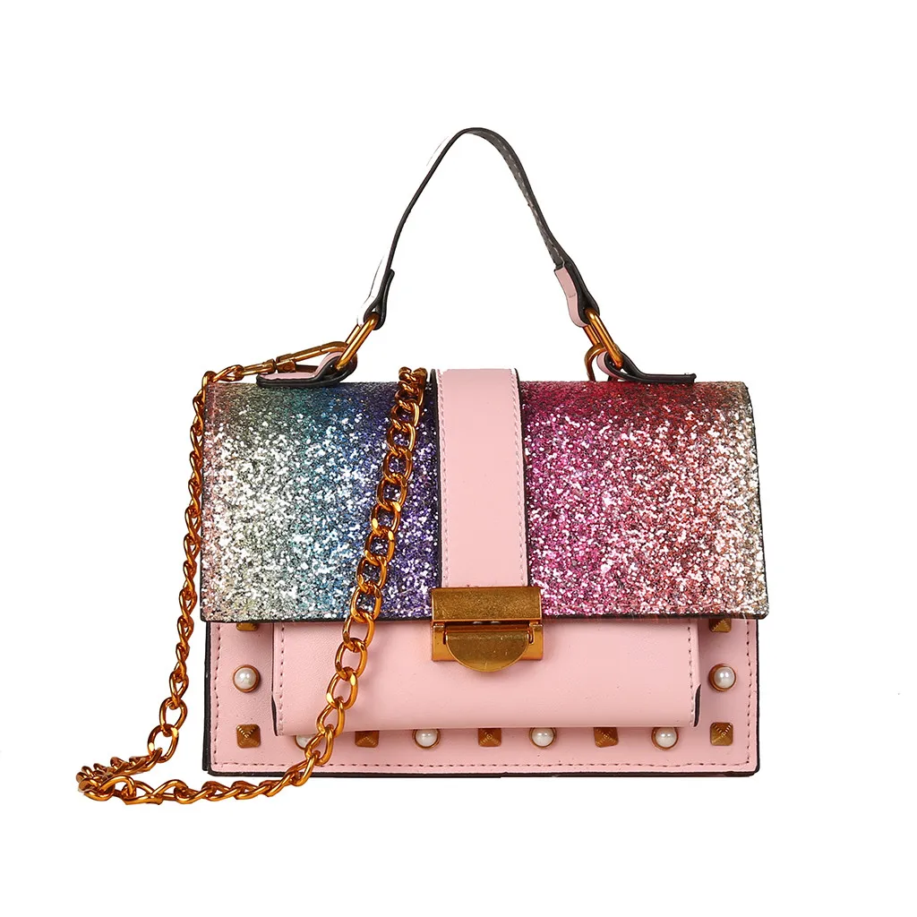 

Pink Patchwork Color Diamond Shiny Handbags Purse One-Shoulder Small Square Bag Women PU Leather Chain Wild Messenger Bags #45