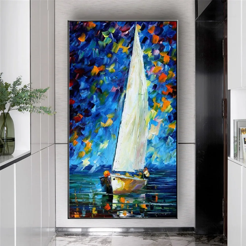 

Modern 100%hand-painted oil painting home decor painting abstract seascape sailing boat gold foil canvas painting in living room