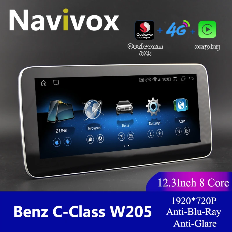 

Navivox 12.3" Qualcomm 8 Core Car Android Display For Benz C/GLC/V-Class W205 2014-2018 NTG5.0 Carplay Android Auto 4G LTE