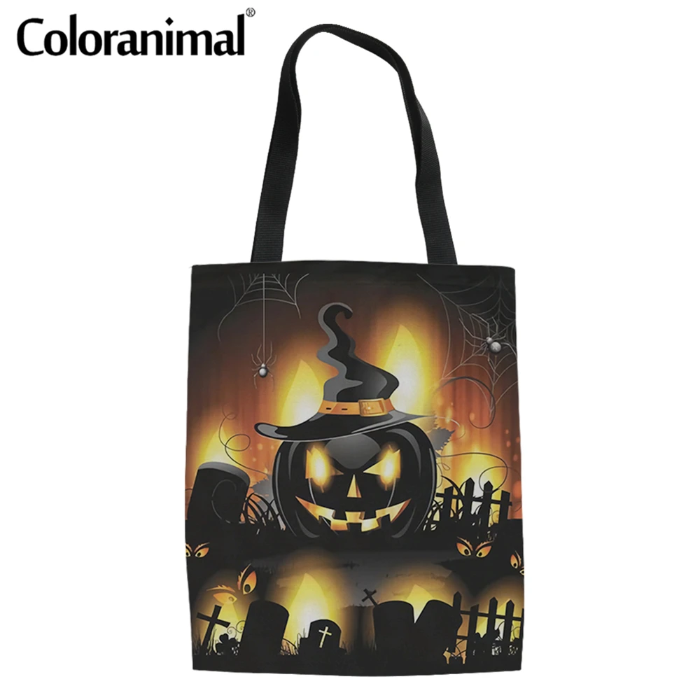 

Coloranimal Happy Halloween Pumpkin Pattern Linen Tote Bag for Women Foldable Shopper Bag Storage Canvas Eco Bag Grocery Bolsa