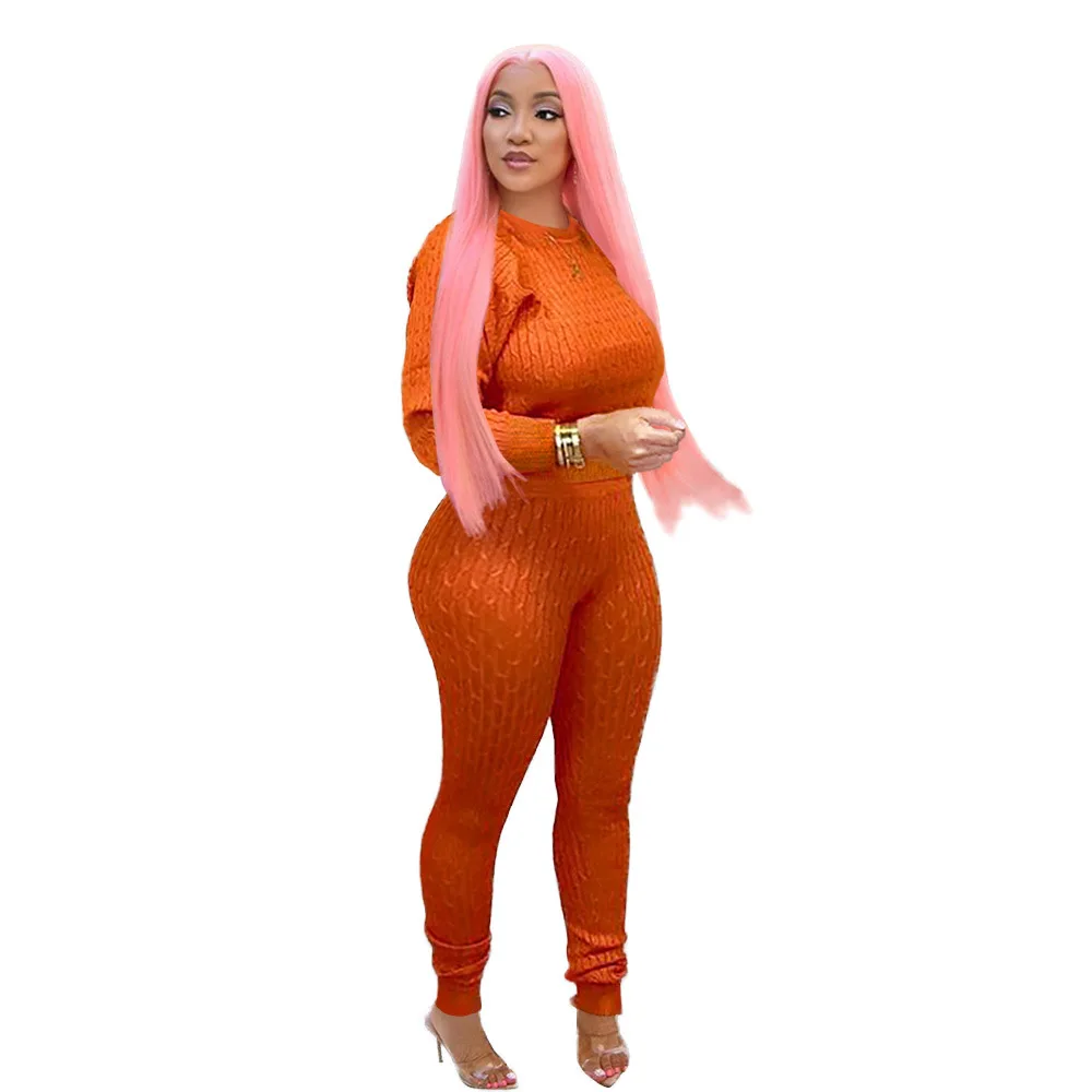 Autumn Winter Women Set Long Sleeve Knitting Sweater Pants Two Piece Tracksuit Club Sportwear Orange Yellow Outfits |