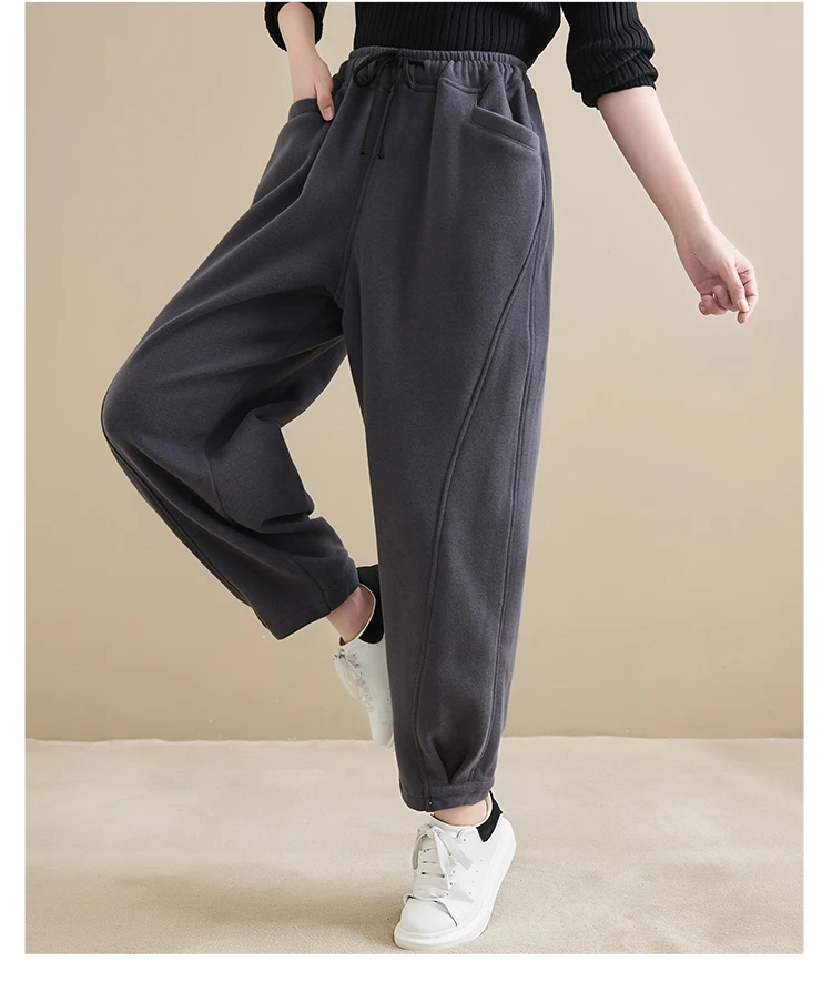 Winter New Trendy Warm Fleece Thick Oversize Loose Casual Trouser Women Solid Color Elastic Waist Versatile Premium Sweatpants
