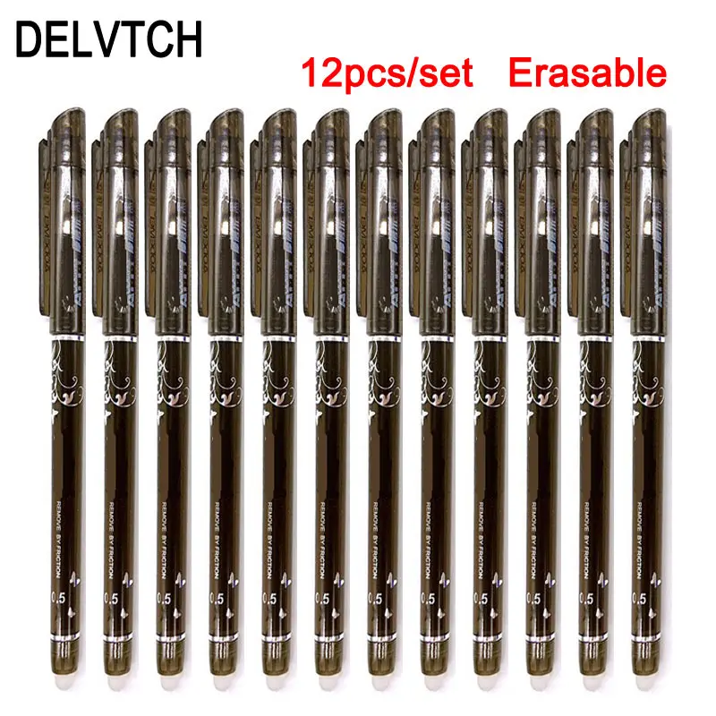 12pcs black Delvitch, 12 шт./набор, стираемая ручка, чернила, 0,5 мм, гелевая ручка, 4 цвета, доступны для детей, подарок для офиса, студента, написание, живопись, канцелярские принадлежности - Цвет: 12pcs black