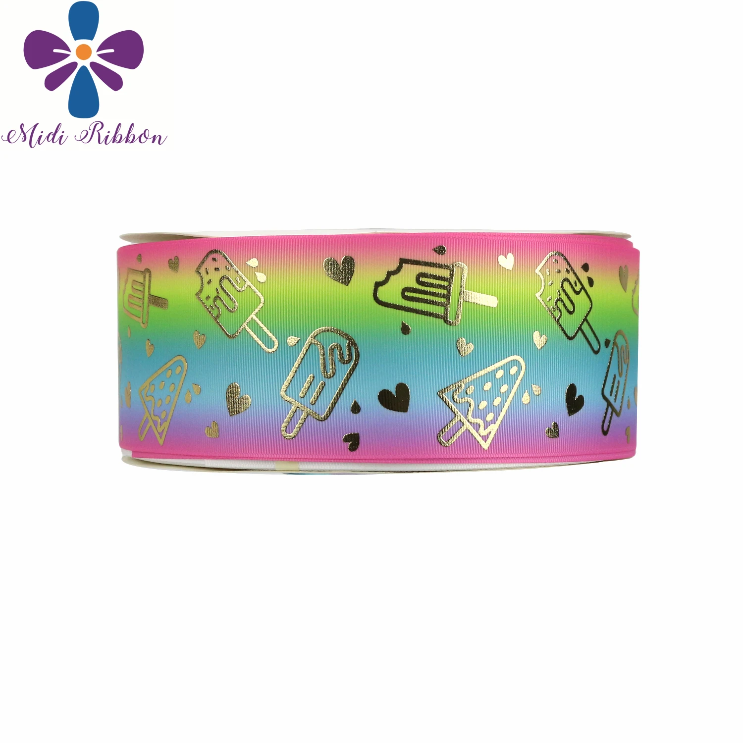 

3"75mm Gold Foil Ice Cream Heart Printed Rainbow Stripes Grosgrain Ribbon DIY Bowknots Hair Band Making 50yards/roll