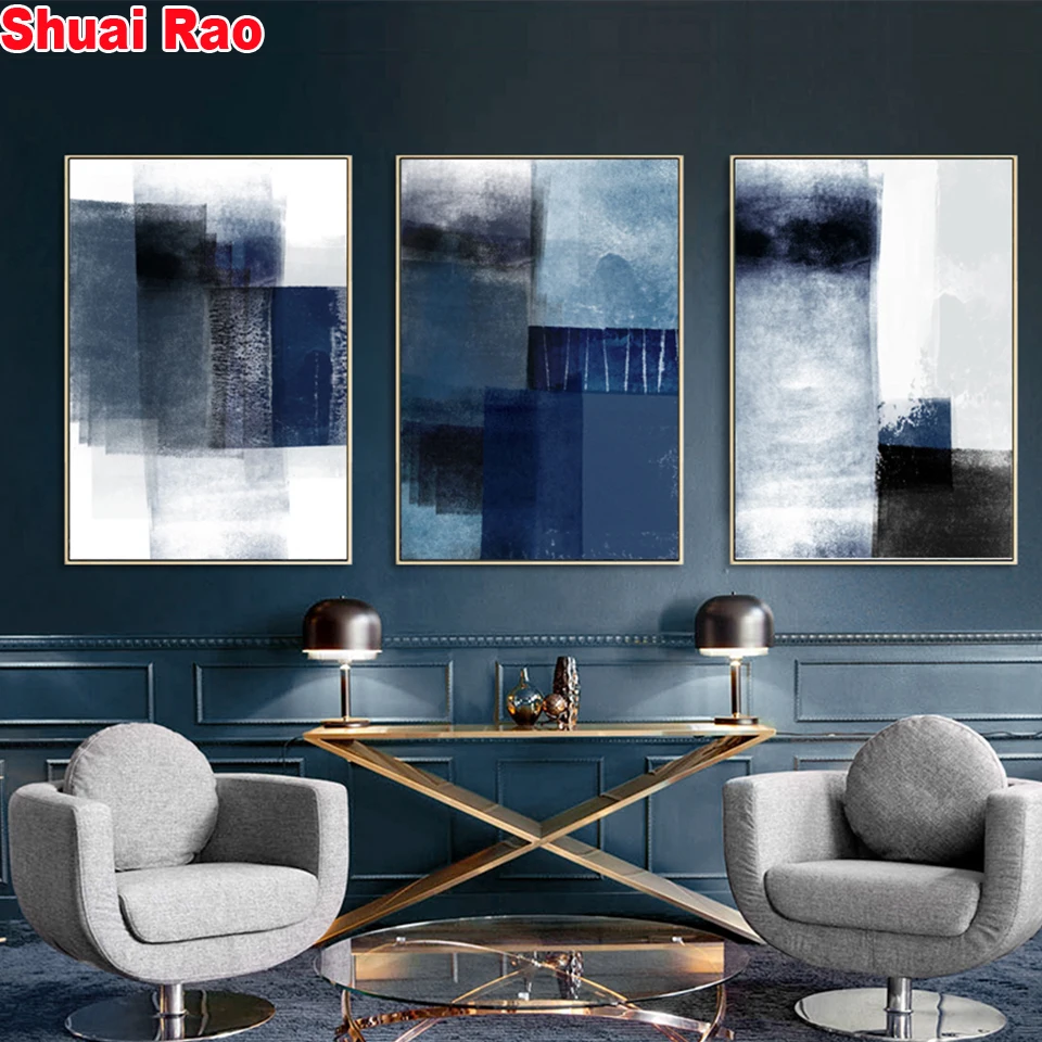 

3 piece set Abstract Minimalist Blue Graffiti diamond painting full square round 5 d Diamond Embroidery mosaic Triptych art,