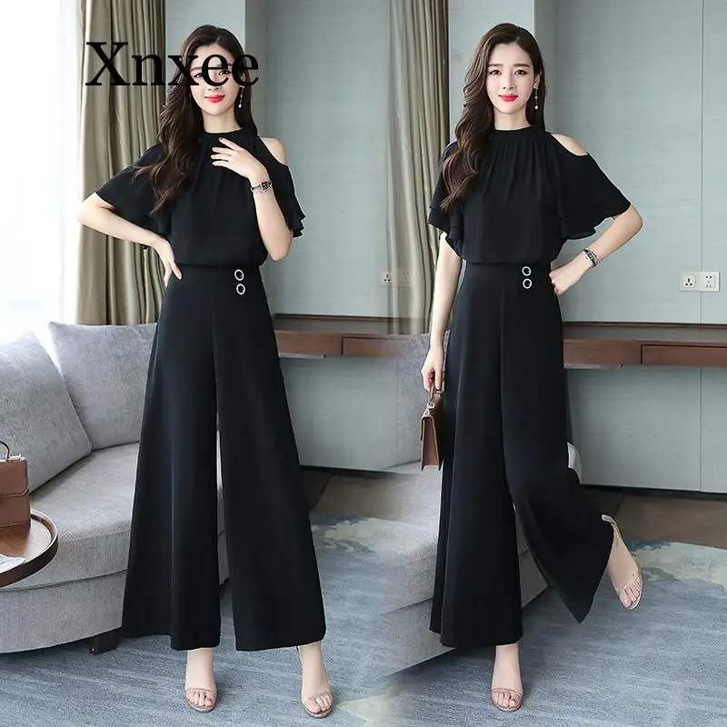 

Wide-leg Pants Suit Women Summer New High Waist Trousers Off Shoulder Chiffon Shirt Tops Office Women Fashion 2 Piece Set Suit