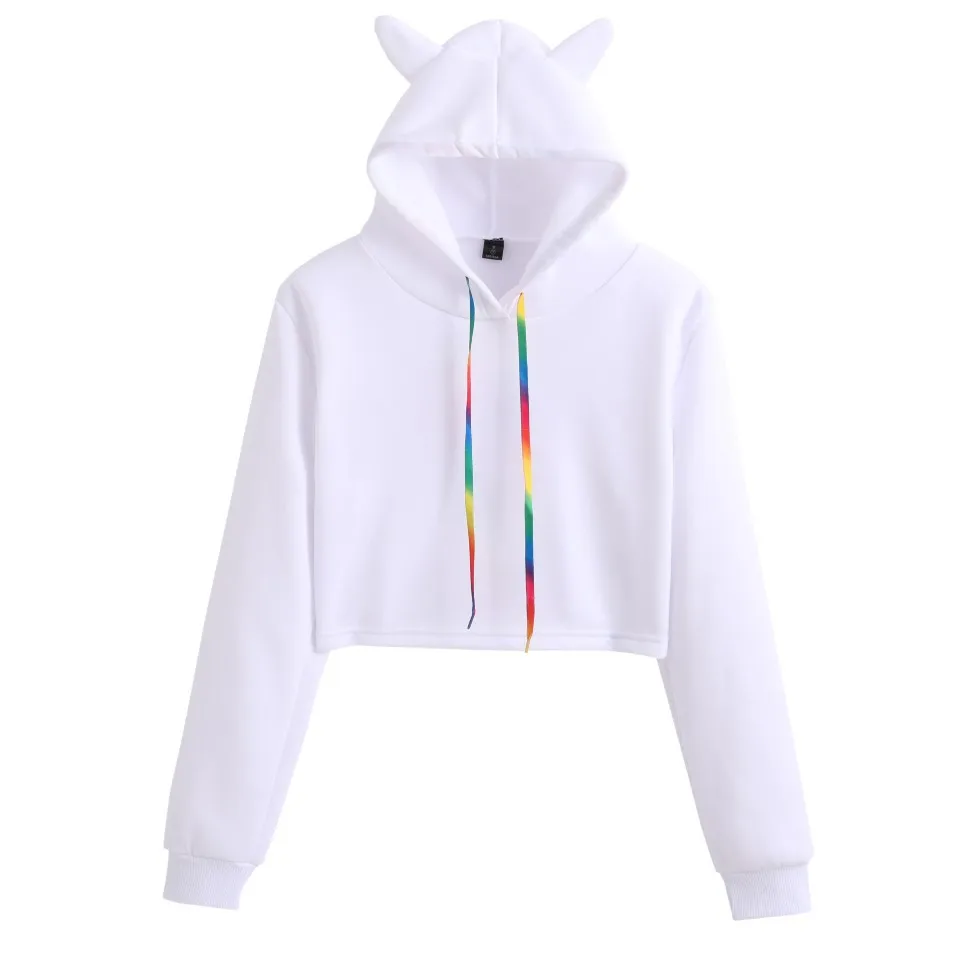 

2021 Spring Autumn Women Sweatshirts Fashion cute ear hooded Sweet sport short hoodies Sport pullovers Solid female tops