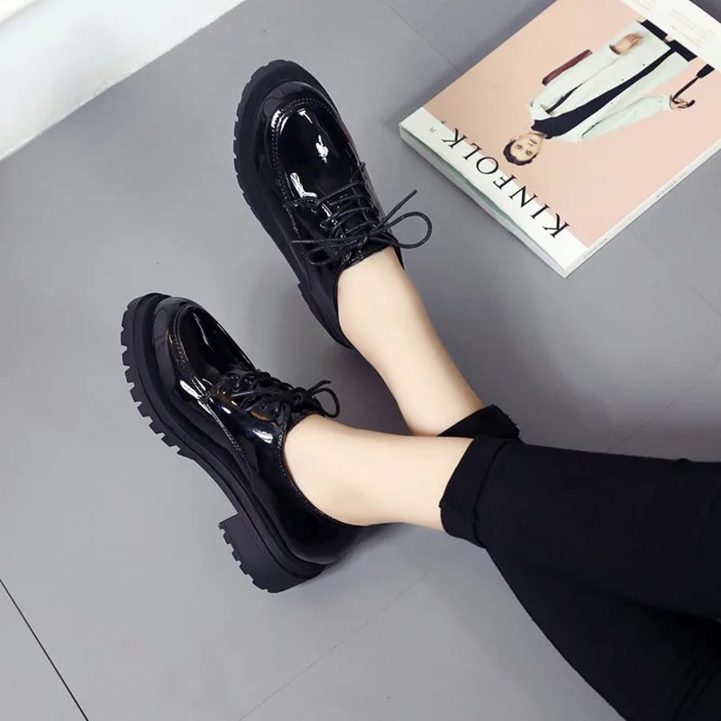 

New British Style Women's Shoes Korean Thick Heel Brock Patent Leather Shoes Women's Loose Cake Thick Sole Student Single Shoes