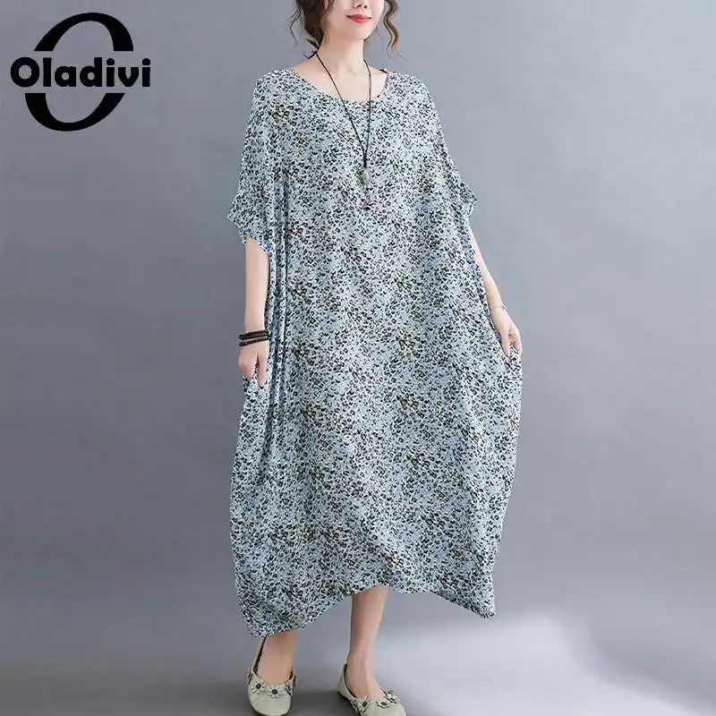 

Oladivi Oversize Oversize Fashion Print Long Dress Women Summer Casual Loose Pockets Dresses Large Size Tunics 3XL 4XL 5XL 6XL