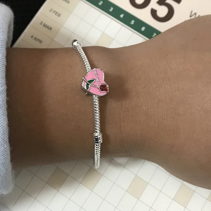 

YANHUI Silver 925 Bracelet With Pink Love Heart Shape Rose Flower Charms Bracelet DIY Silver 925 Jewelry Gift for Women HB013
