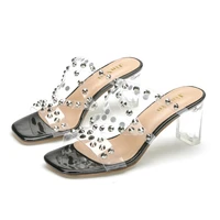 new women sandals pvc rivet slip on 8cm thick high heels square toe shallow women shoes sandalias mujer 2020 size 35 42 black