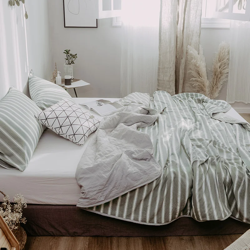 Хлопковое мягкое покрывало с зелеными полосками моющееся покрывало/покрывало