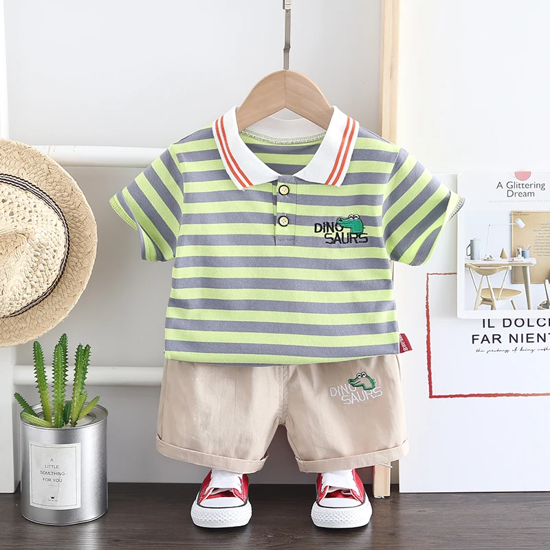 

Summer Fashion Baby Clothes Toddler Boys Cotton Turn-down Collar Stripe T-Shirt+Shorts 2pc/Sets Kids Costume Casual Clothing