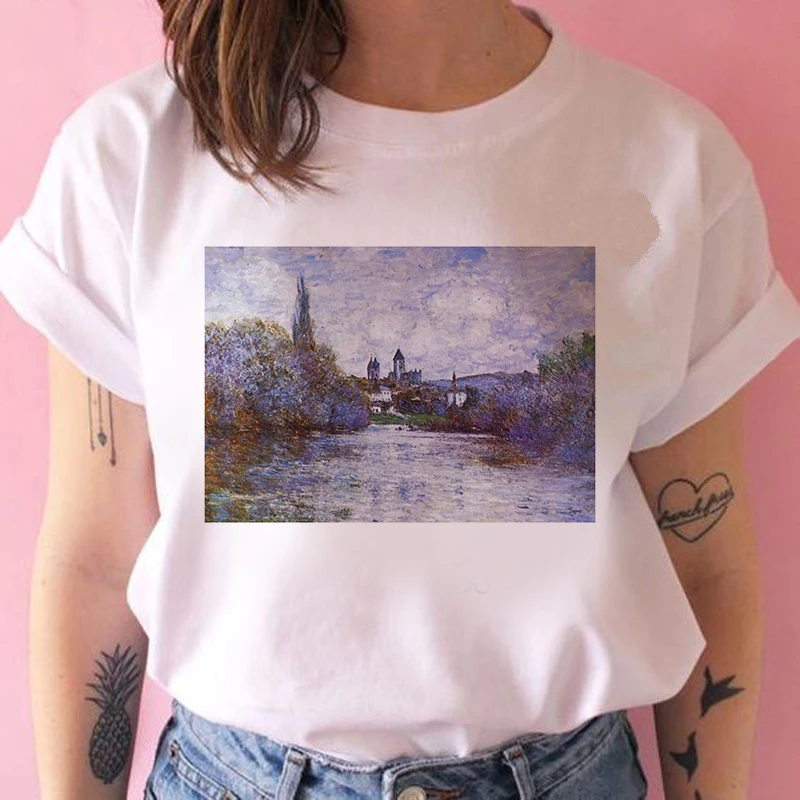 

Art Oil Painting T shirt Women Summer Fashion Harajuku Aesthetic Printed Short Sleeve O-Neck Tee shirt Femme