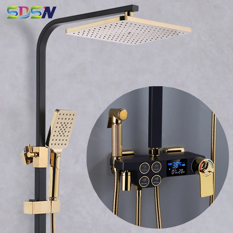 

Bathroom Shower Set of 10 Inch Rainfall Shower Head Brass Bathroom Mixer Faucet Black Gold Thermostatic Bath Shower Mixer Set