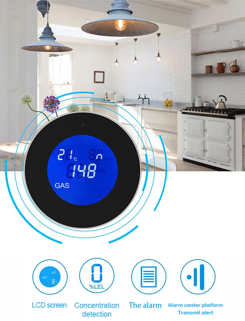 

Anjielosmart Tuya Wifi/GPRS LCD Smart Combustible Gas Leak Alarm Sensor Temperature Monitoring Kitchen Security System