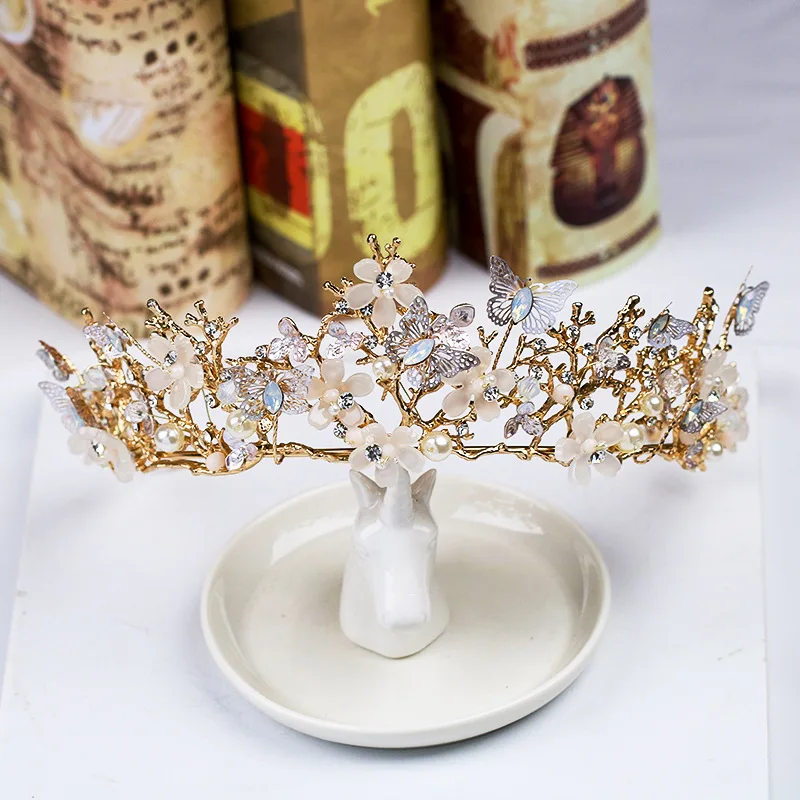 

Crown Butterfly Flower Headdress Baroque Crown Headband Golden Wedding Accessories Crystal Crown