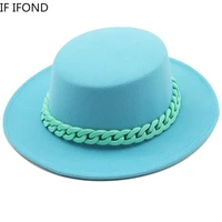 2022 women pork pie fedora hat with candy color chain wool felt top jazz hat floppy derby triby wedding party hats