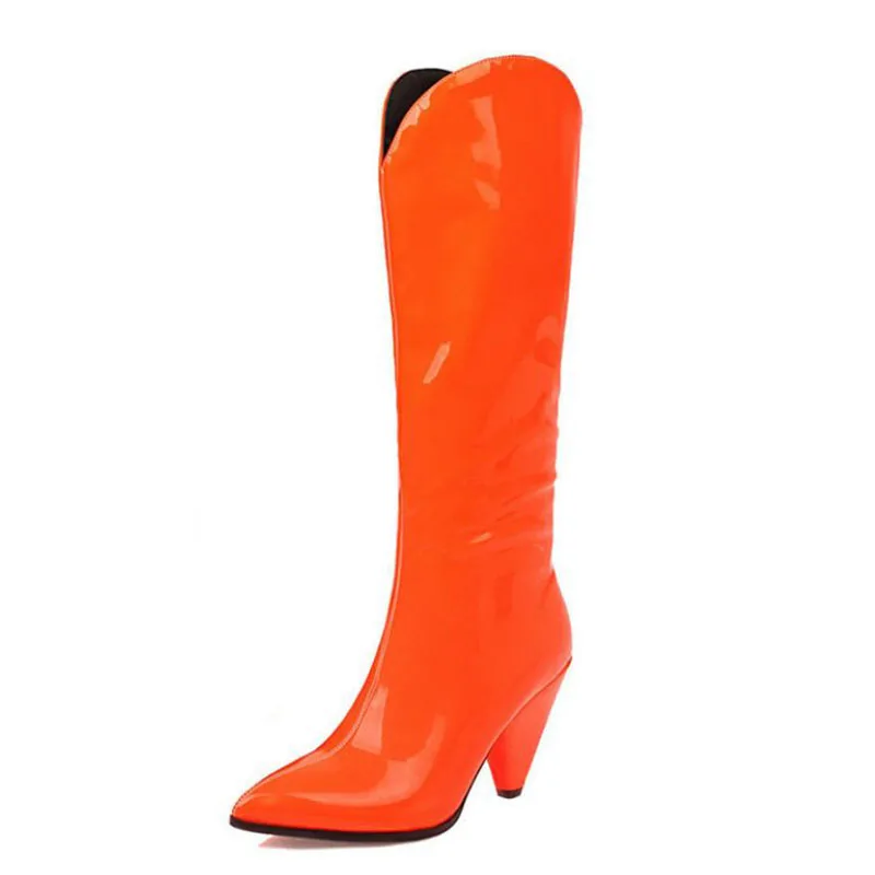 Ботинки женские из лакированной кожи высокие сапоги на толстом каблуке