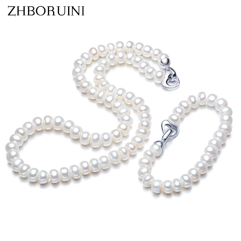 ZHBORUINI 2019 Fashion Necklace Pearl Jewelry set Natural Pearl Love Button 925 Sterling Silver Necklace Bracelet For Women Gift