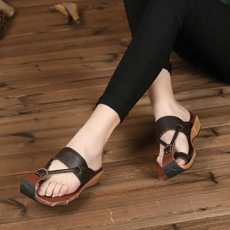 

Johnature Genuine Leather Handmade Retro Flip Flops Summer Sewing Flat With Slippers Slides Outside Casual Sandals Women Shoes