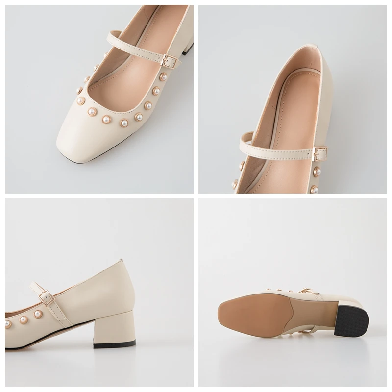 

New Autumn Pumps Women Casual Shoes 2020 Female Genuine Leather Square Toe High Heels Ladies Pearl Decor Mary Janes Shoes Woman