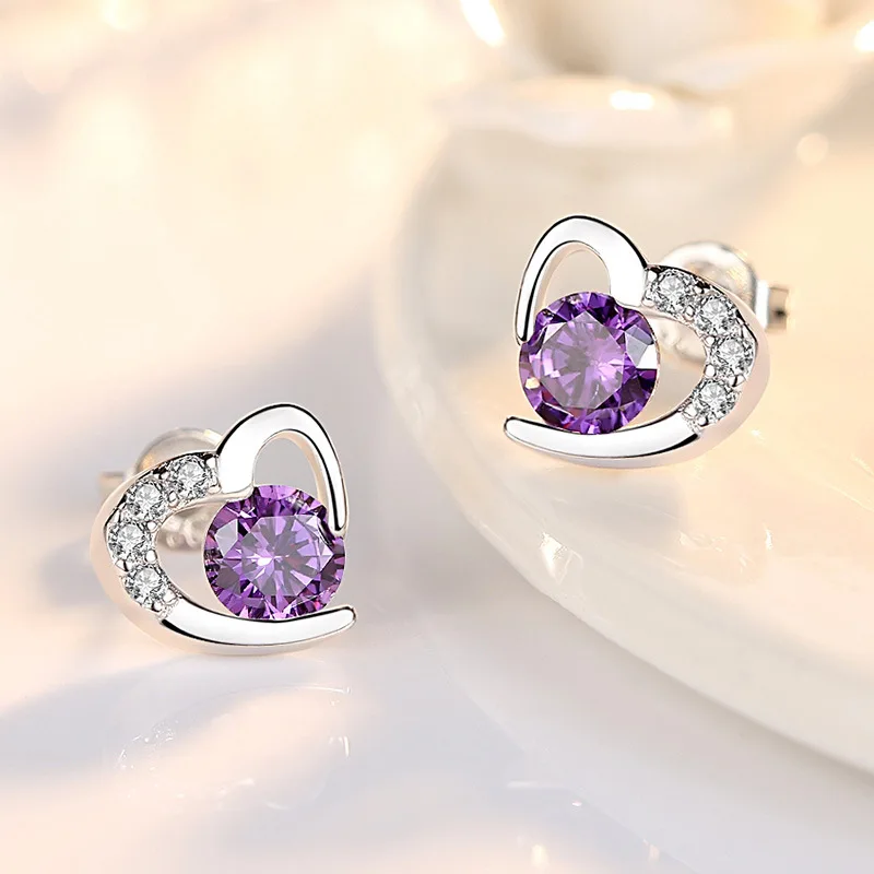 

Women's Fashion Love Heart Minimal Stud Earrings Dazzling Crystal Purple Zircon Stone Romantic Small Earring Piercing Accessory