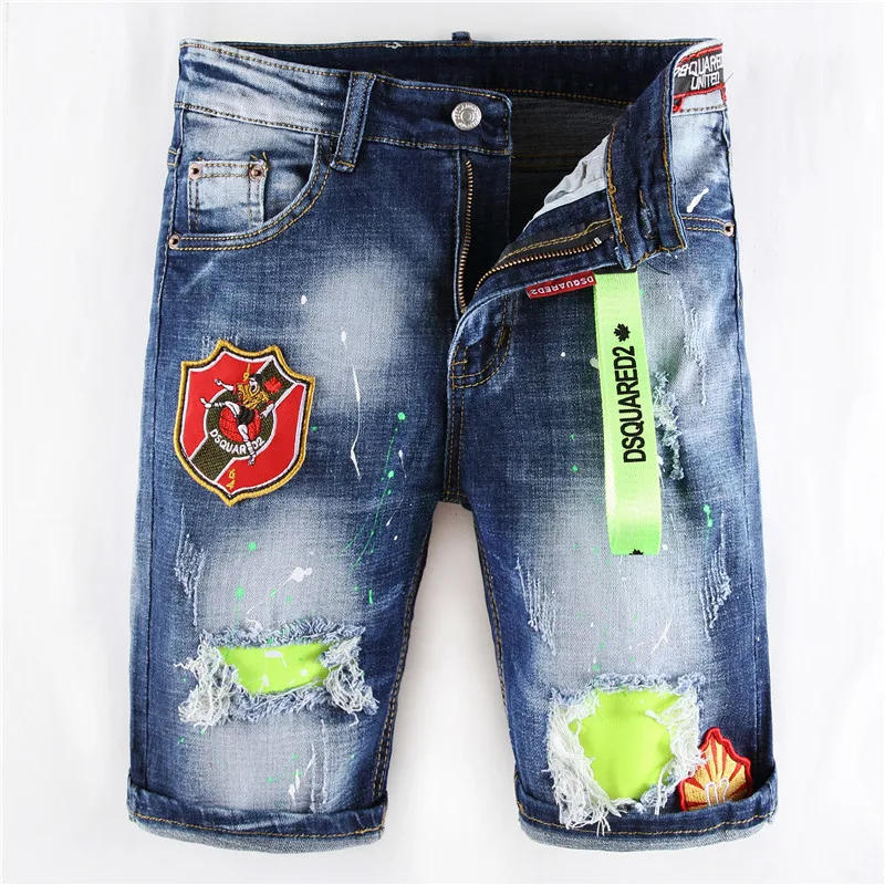 

Summer New Fashion Brand Mens Slim Shorts Jeans Stretch Badge Paint Short Pants Male Trousers Clothes Streetwear Hip Hop