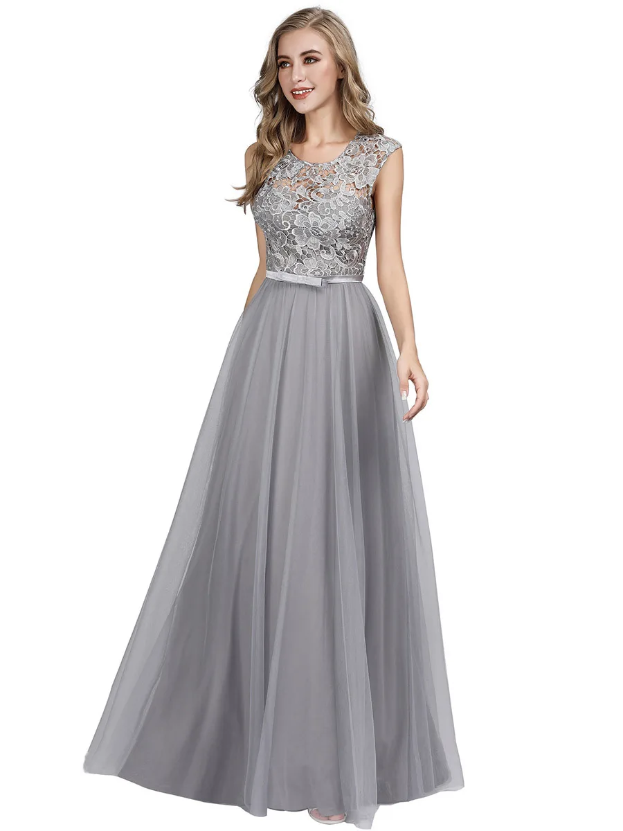 Elegant A-line Lace Evening Dress Scoop Floor-length Capped Sleeves Tulle with Sashes Zipper-up for Party | Свадьбы и торжества