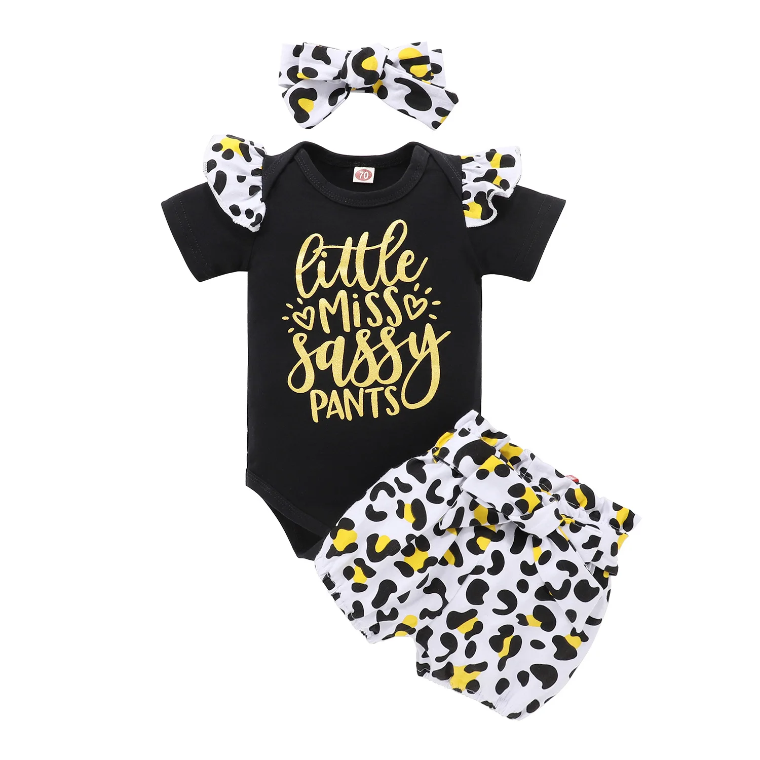 

Summer Best sell Children's Clothing Letter Girl Leopard Print Shorts Black top onesies+ bow Baby design Clothes Free Shipping