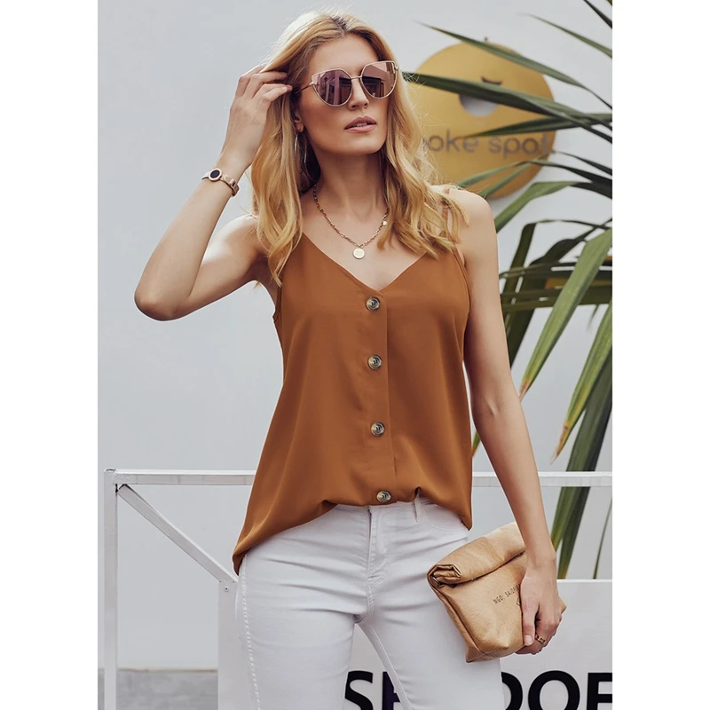 

Women's Button Down V Neck Strappy Tank Tops Loose Casual Sleeveless Shirts