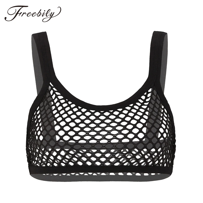 

Women Fishnet Cropped Tank Top Lingerie See Through Fishnet Hollow Out Wide Shoulder Straps Deep U-neckline Vest Crop Bra Top