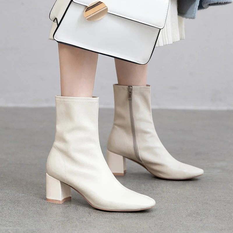 

White Real Leather Ankle Boots Women Square Toe High Heel Boots Femme Fashion Short Boots