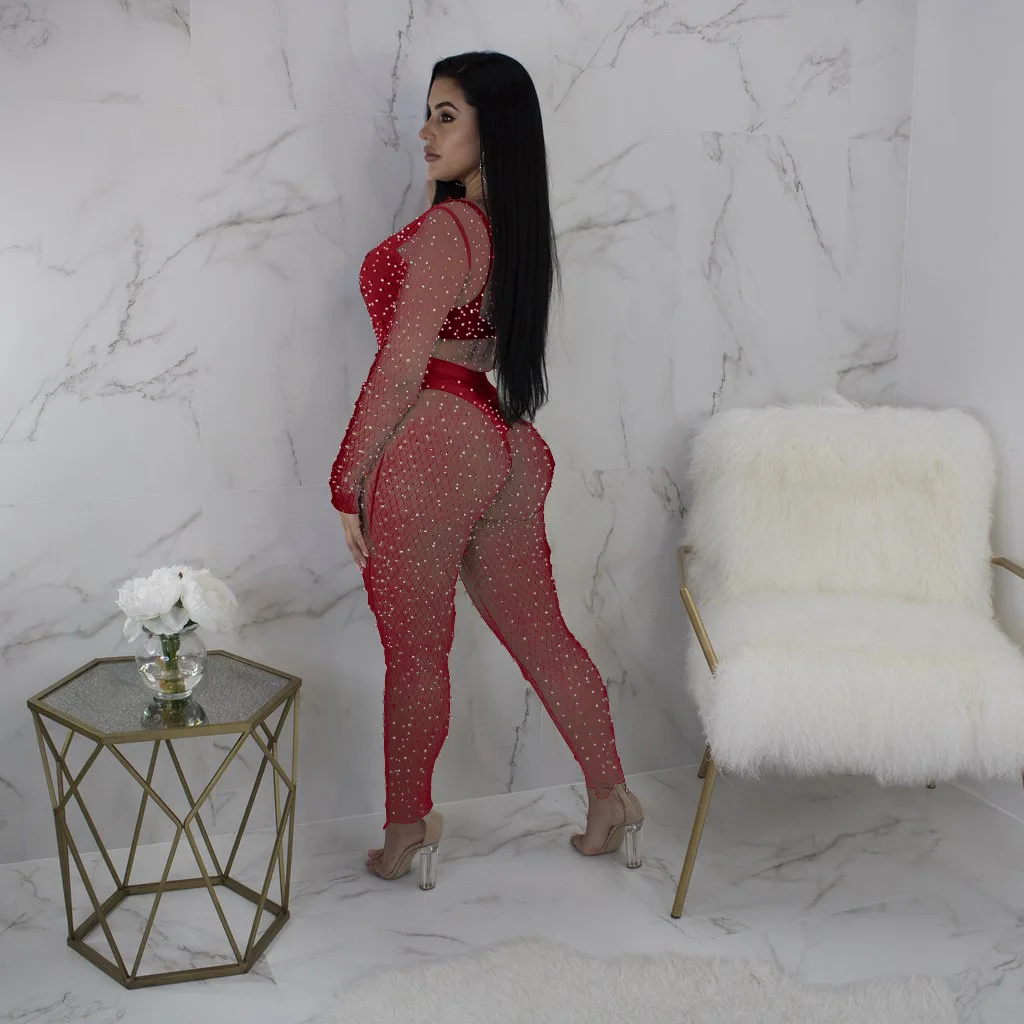 Женский сексуальный сетчатый комбинезон с бусинами для вечеринок вырезами 2018