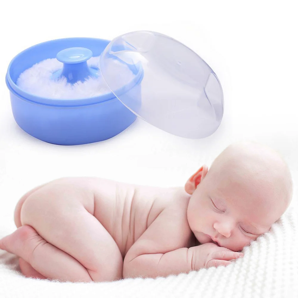 

Baby Infant After-Bath Body Powder Case Fluffy Talcum Powder Puff Container Box (Blue)