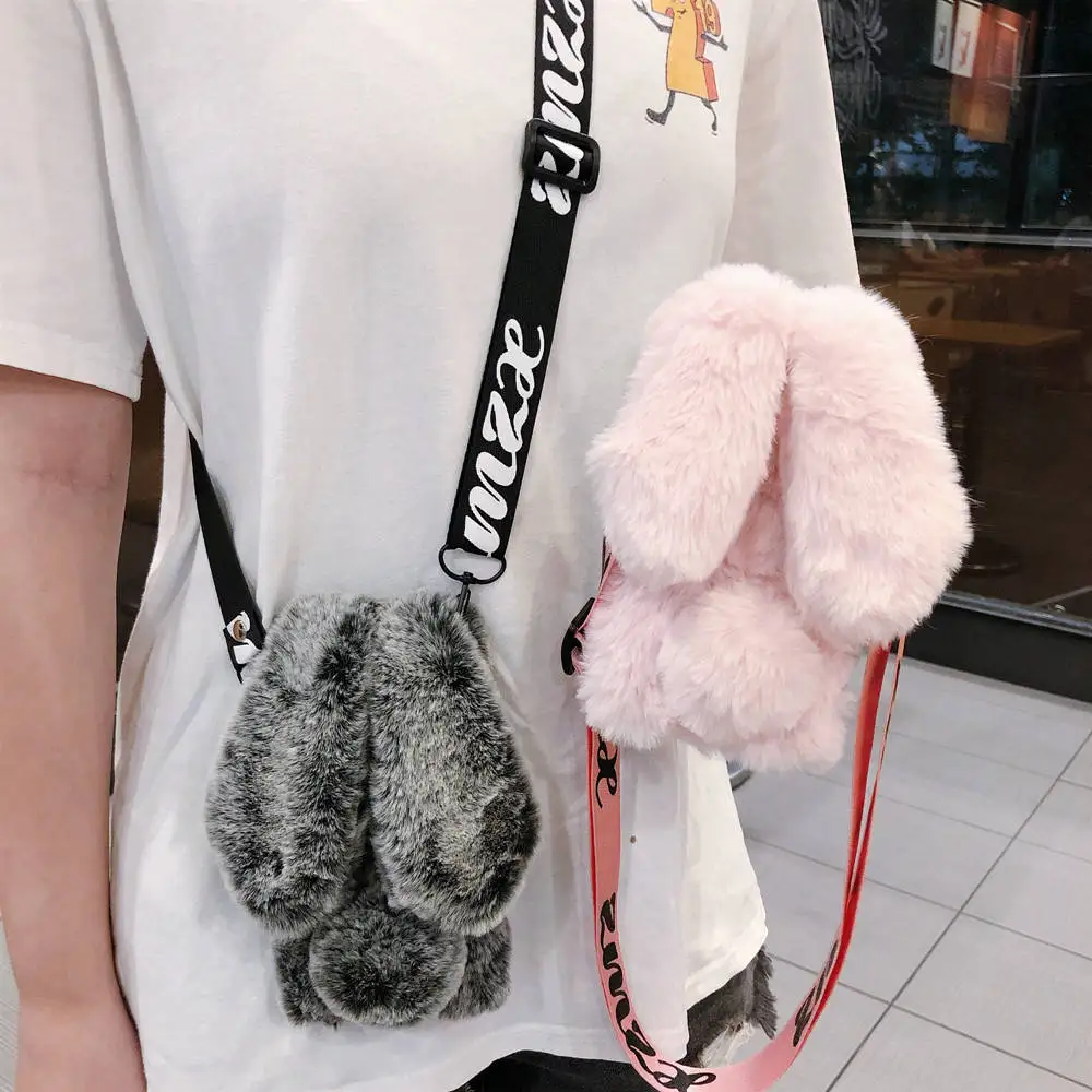 Телефонный чехол с меховым ремнём на плечо и кроличьими ушами Plush Warm 3D для iPhone 14 13 11 12 Pro Max XS MAX XR X 7 8 Plus.