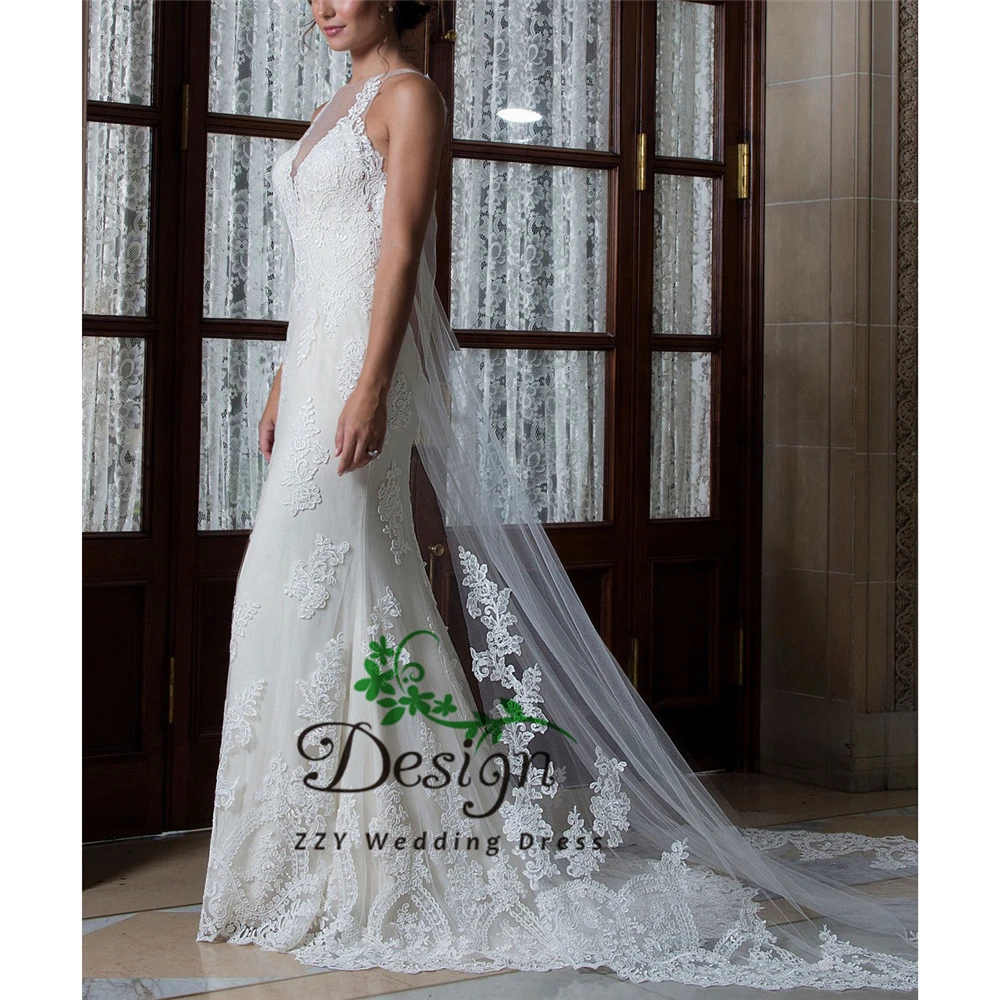 

Illusion White Tulle And Organza Scoop Mermaid Vestido De Casamento Appliques Court Train Custom-Made Wedding Dresses