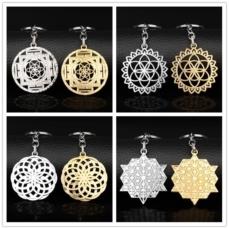 

Fashion Elegant Geometry Pendant Keychain Cartoon Flower of Life Collection Keyring Sacred Shape Key Chains Jewelry Accessories