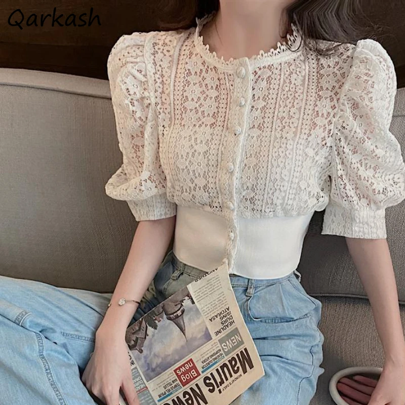 

Plus Size Shirts Women Retros French Lace Puff Sleeve Fairy Summer Korean Style Slim Crop Tops Elegant Casual Female Clothes Ins