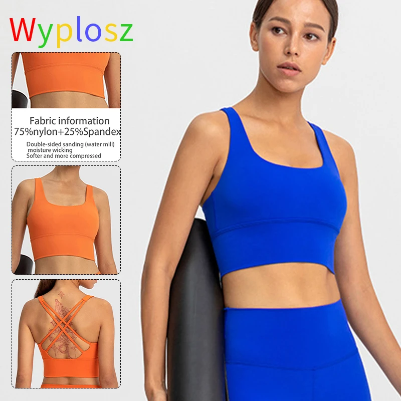 Wyplosz Naked-feel Fabric Shockproof Cross Straps Running Gym Sport Bras Women Widen Hem Push Up Workout Fitness Yoga Crop Top