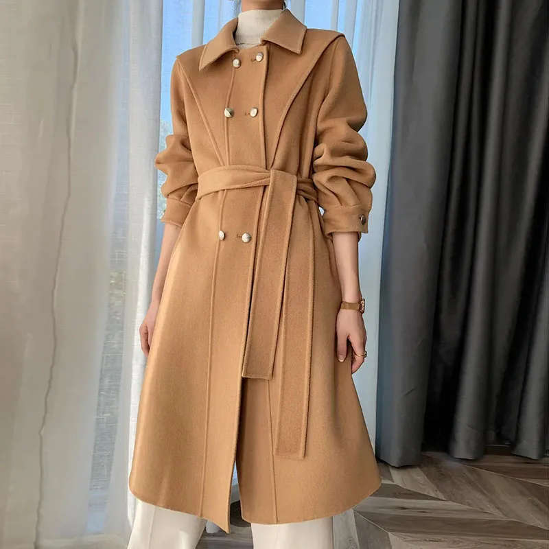 

Women Fashion Winter Long Wool Blended Coat Elegant Double Breasted Loose Outwear Female Korean Office Overcoat Casaco Feminino