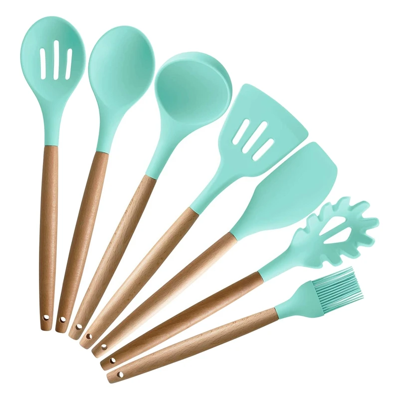 Kitchen Utensils Silicone Wooden Handle Non-Stick Cookware Heat-Resistant Spatula Spoon Tool Set | Дом и сад