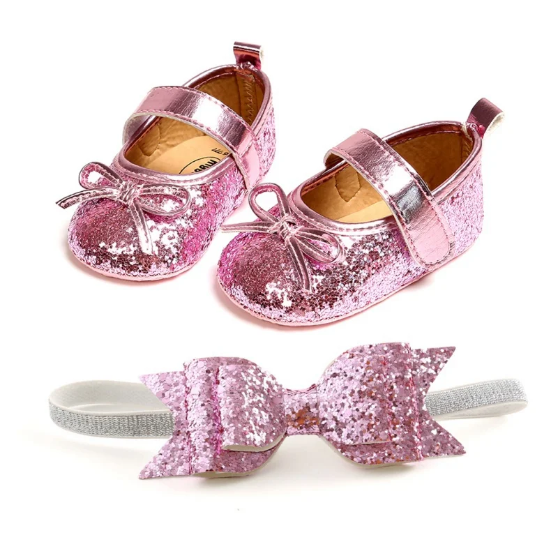

Baby Shoes Leather Toddler Baby Girl First Walkers Sets Headband Bow-knot Soft Sole Non-slip Bling Shoes for Girls Hot