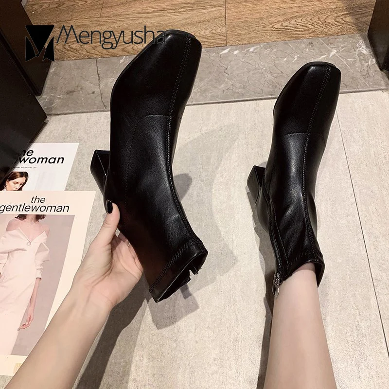 Ботинки женские с квадратным носком узкие мотоциклетные ботильоны на молнии