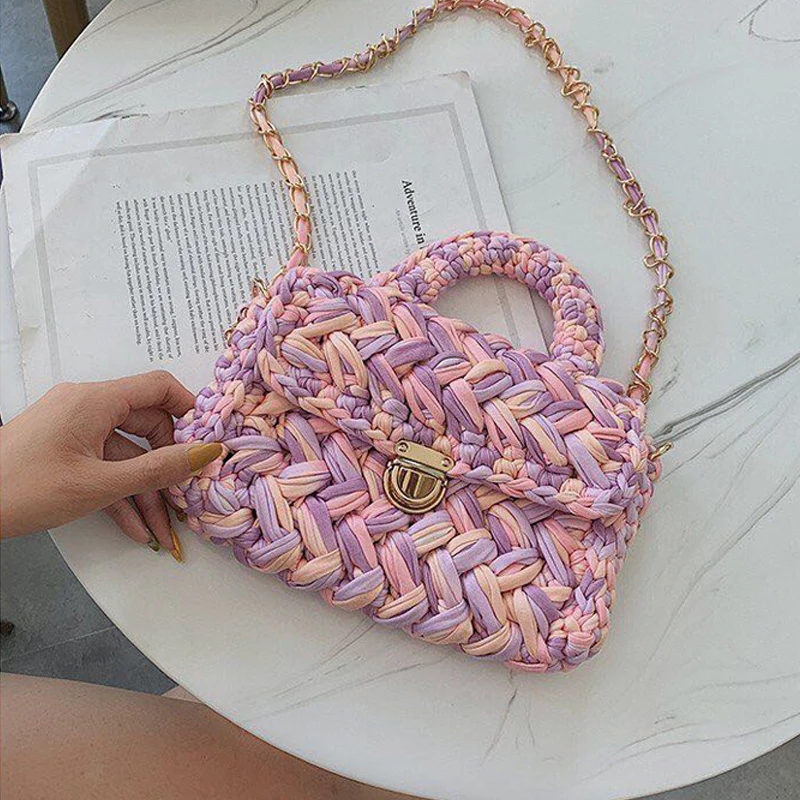 

Casual Solid Hand-woven Women Handbags Cotton Crochet Handmade Women Shoulder Messenger Bag Chian Females Totes Ladies Hand Bags