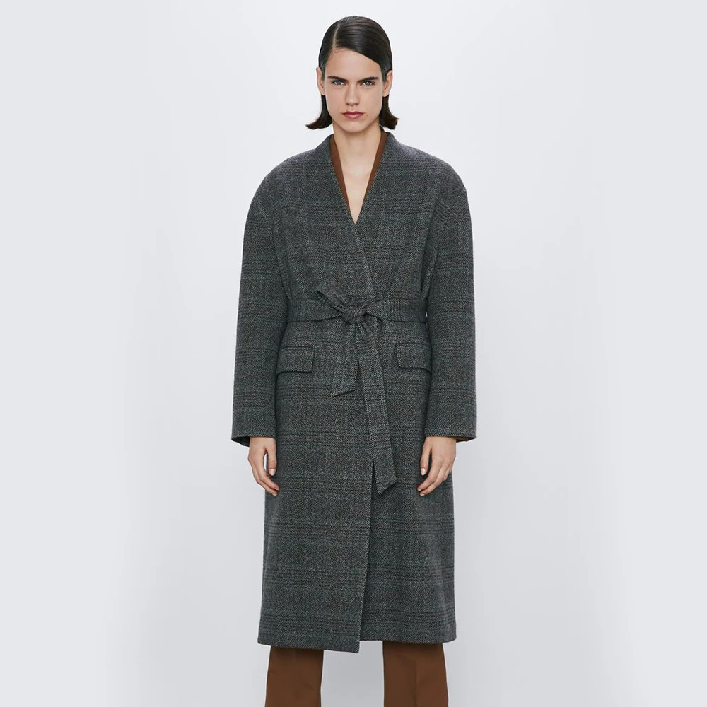 ZA Женское шерстяное пальто с поясом длинная одежда ретро Осень Зима клетчатый