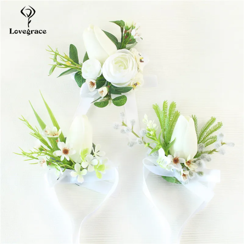 

White PU Tulips Groom Boutonniere Bridesmaid Bracelet Fleur Wrist Corsage Pins Brooch Flowers for Wedding Marriage Accessories