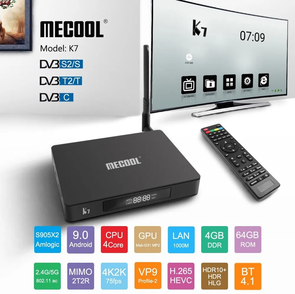 ТВ-приставка MECOOL K7 DVB-S2-T2 TC Android 9,0 4 Гб LPDDR4 64 Гб Amlogic S905X2 2,4 ГГц+ 5 ГГц WiFi 1000 Мбит/с Bluetooth 4,1 HDR10 4K