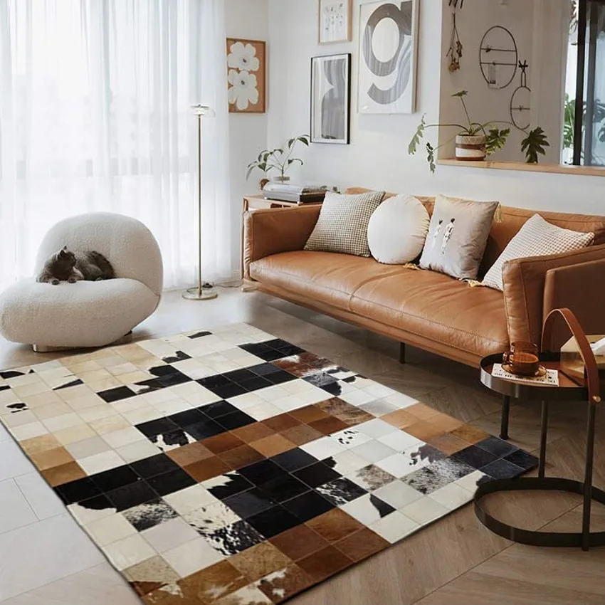 

American style luxury cowhide fur patchwork rug, natural brown color fur carpet for living room decoration office carpet