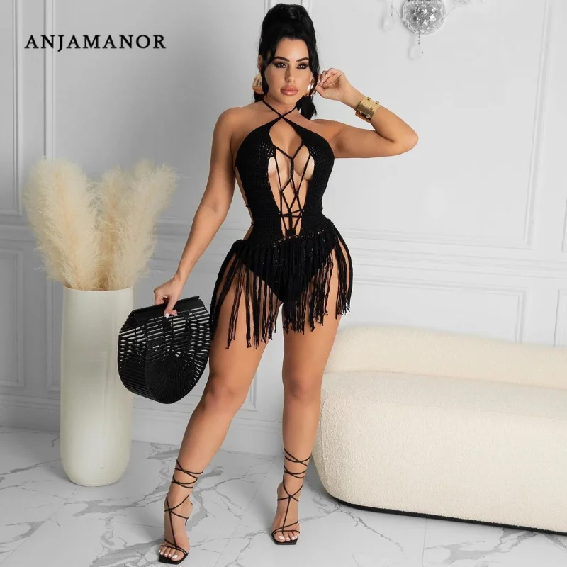 

ANJAMANOR Sexy Crochet Knitted Beach Dress Summer Vacation Outfits Tassel Hollow Out Backless Halter Mini Dresses D30-DD21
